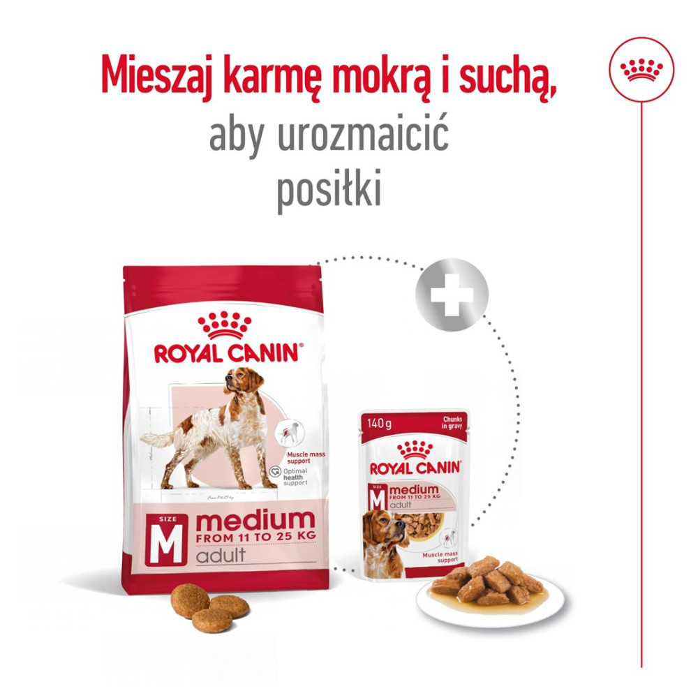 Opakowanie karmy suchej Royal Canin i saszetka karmy mokrej dla dorosłych psów średnich ras, z krokietami i karmą mokrą.