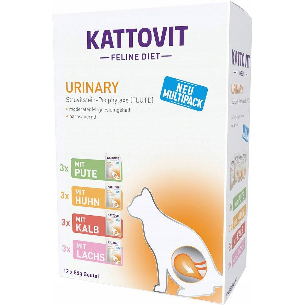 Kattovit Feline Diet Urinary Multipack-Box für Katzen, mit weißer Katzensilhouette und orangefarbenem Harnsystemdiagramm.