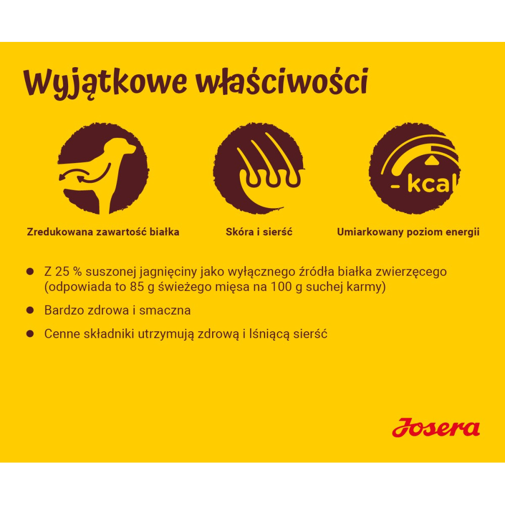 Właściwości karmy: Zredukowana białko, skóra i sierść, umiarkowana energia.