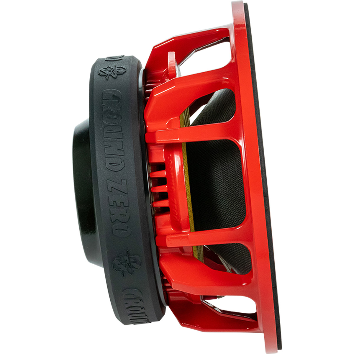 Roter Lautsprecherkorb mit schwarzem Rand und Lautsprechermembran.