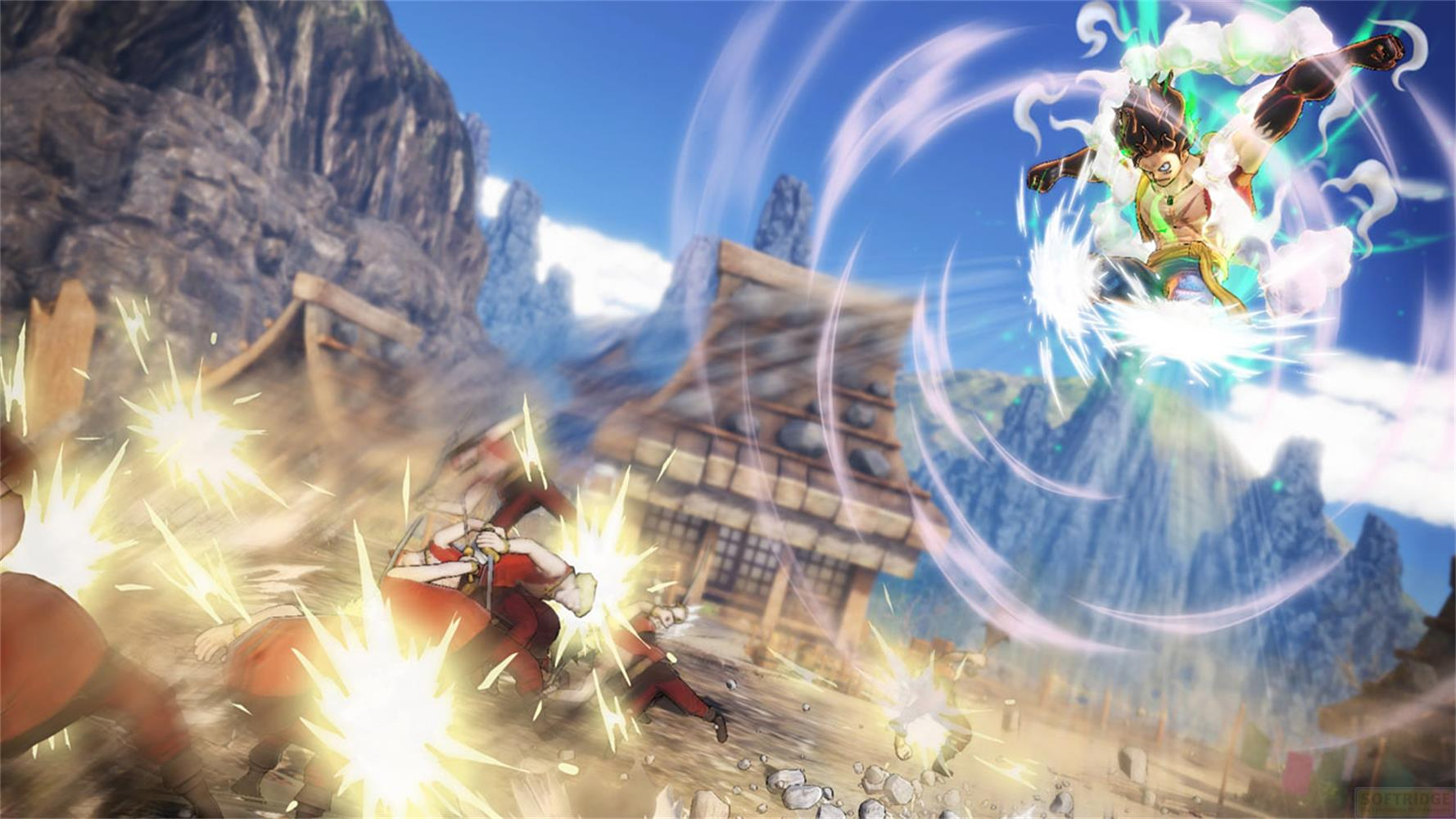 Scène de bataille de style anime avec un personnage en l'air, brillant d'énergie verte et blanche, attaquant des ennemis au sol.