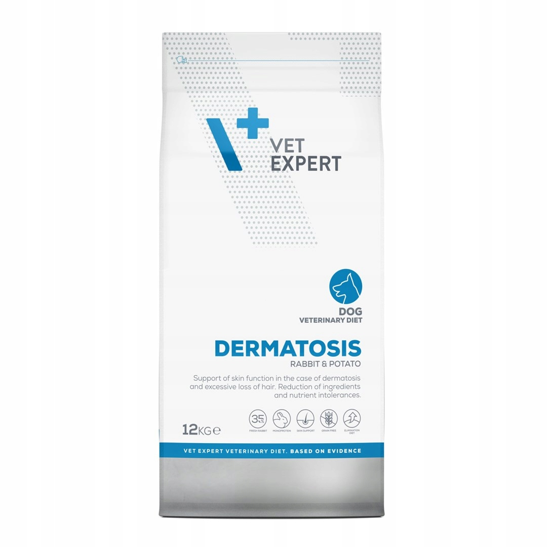 Biała torba z karmą dla psów z niebieskim logo i napisem Dermatosis, Królik i Ziemniak.