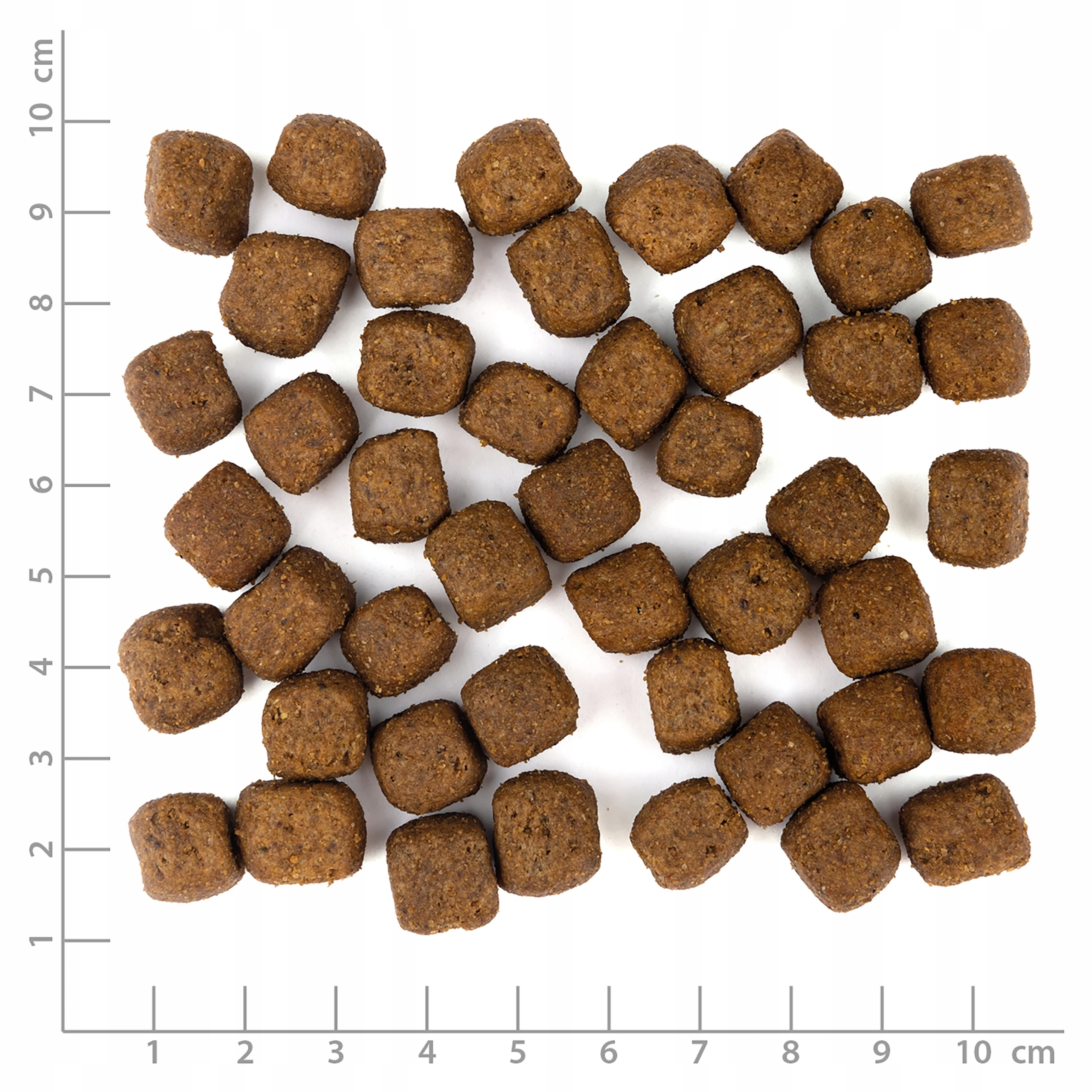 Brązowa, kostkowata karma dla psów na białym tle.