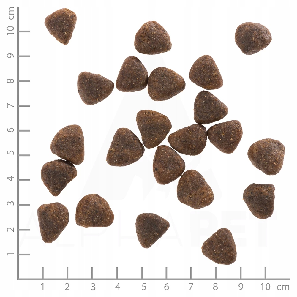 Kilka brązowych granulek na białym tle z linijką.