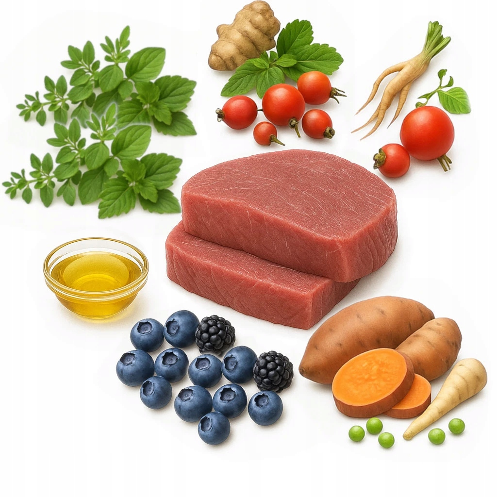 Białe tło przedstawia składniki: dwa surowe steki mięsne, borówki, jeżyny, bataty, imbir, zioła i olej.