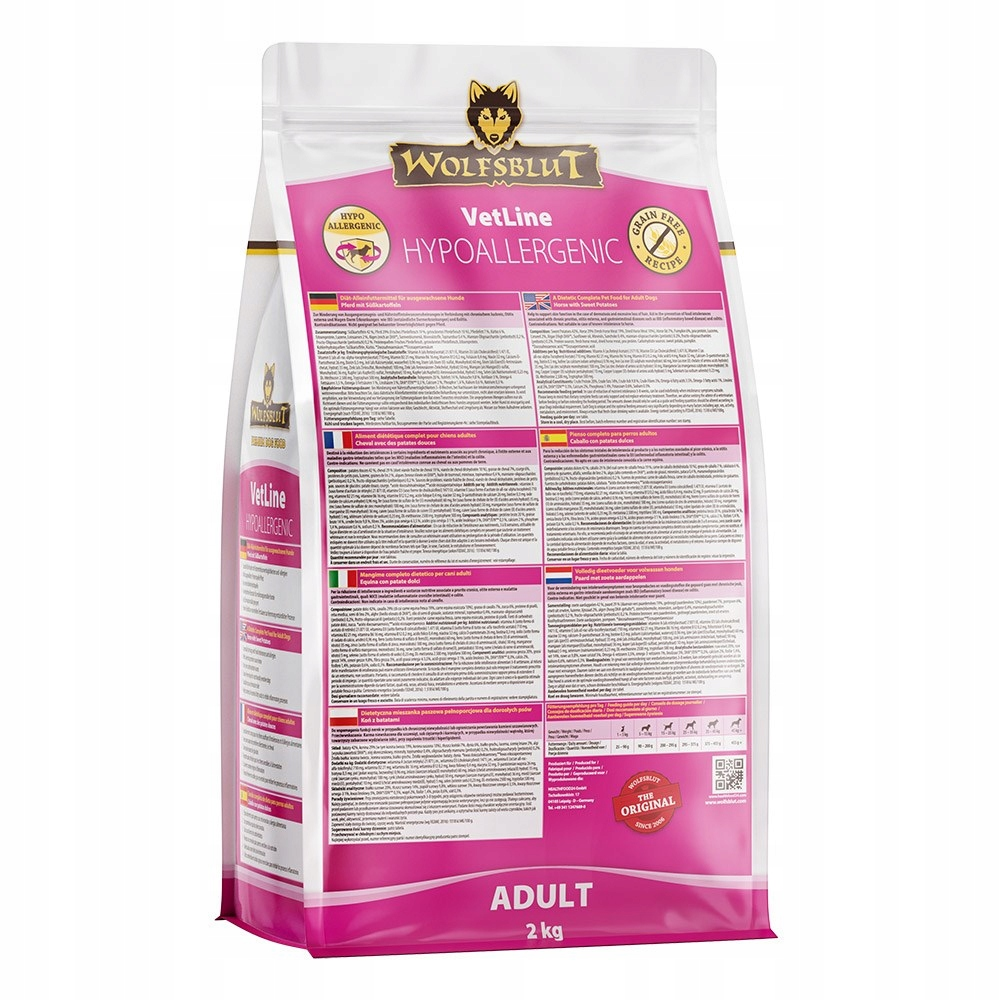 Różowo-biała torba karmy dla psów Wolfsblut VetLine Hypoallergenic, 2 kg, dla dorosłych psów, z tekstem.