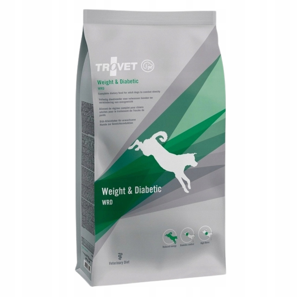 Szaro-zielona torba karmy dla psów Trovet Weight & Diabetic, z białym zarysem skaczącego psa.