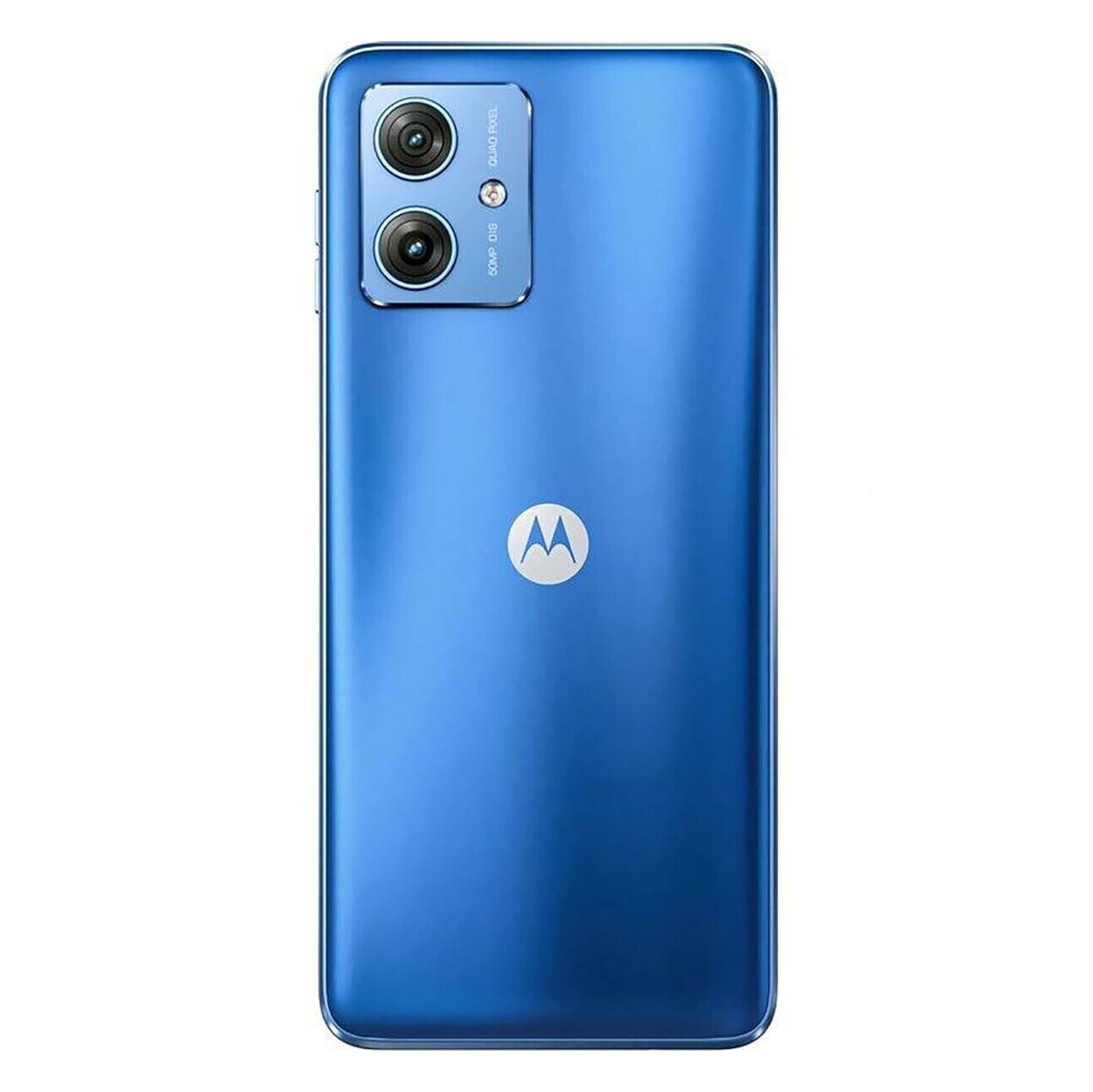 Niebieski smartfon z podwójnym aparatem i logo Motorola.