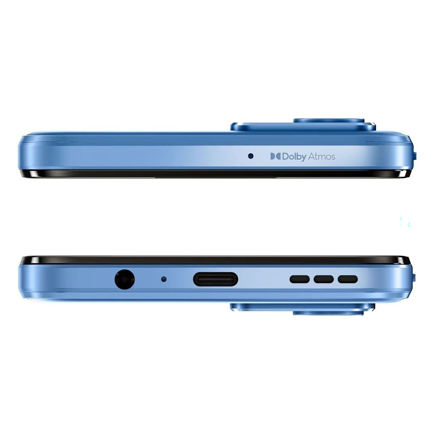 Widoki z góry i z dołu jasnoniebieskiego smartfona, przedstawiające logo Dolby Atmos, gniazdo słuchawkowe, port USB-C i głośniki.