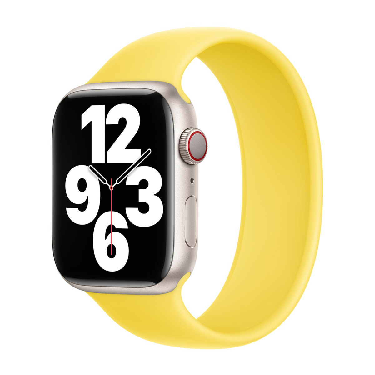 Un Apple Watch color argento con un cinturino solo loop giallo brillante e un quadrante nero che mostra grandi numeri bianchi.
