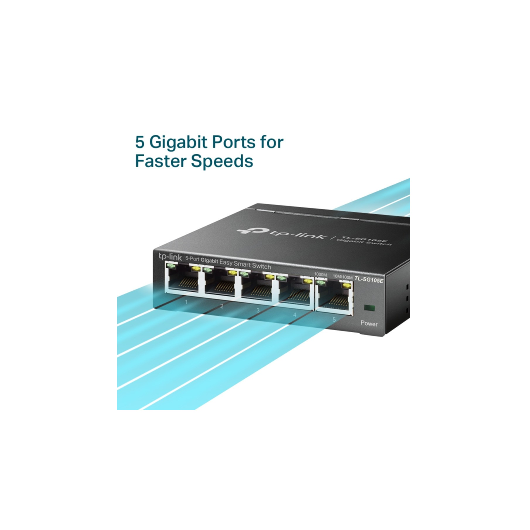 Czarny 5-portowy przełącznik Gigabit TP-Link z niebieskimi liniami.