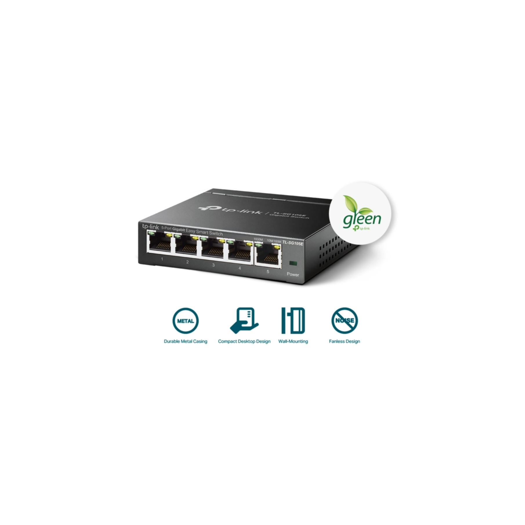 Schwarzer TP-Link 5-Port Gigabit Switch mit Metallgehäuse und Lüfterlosem Design.