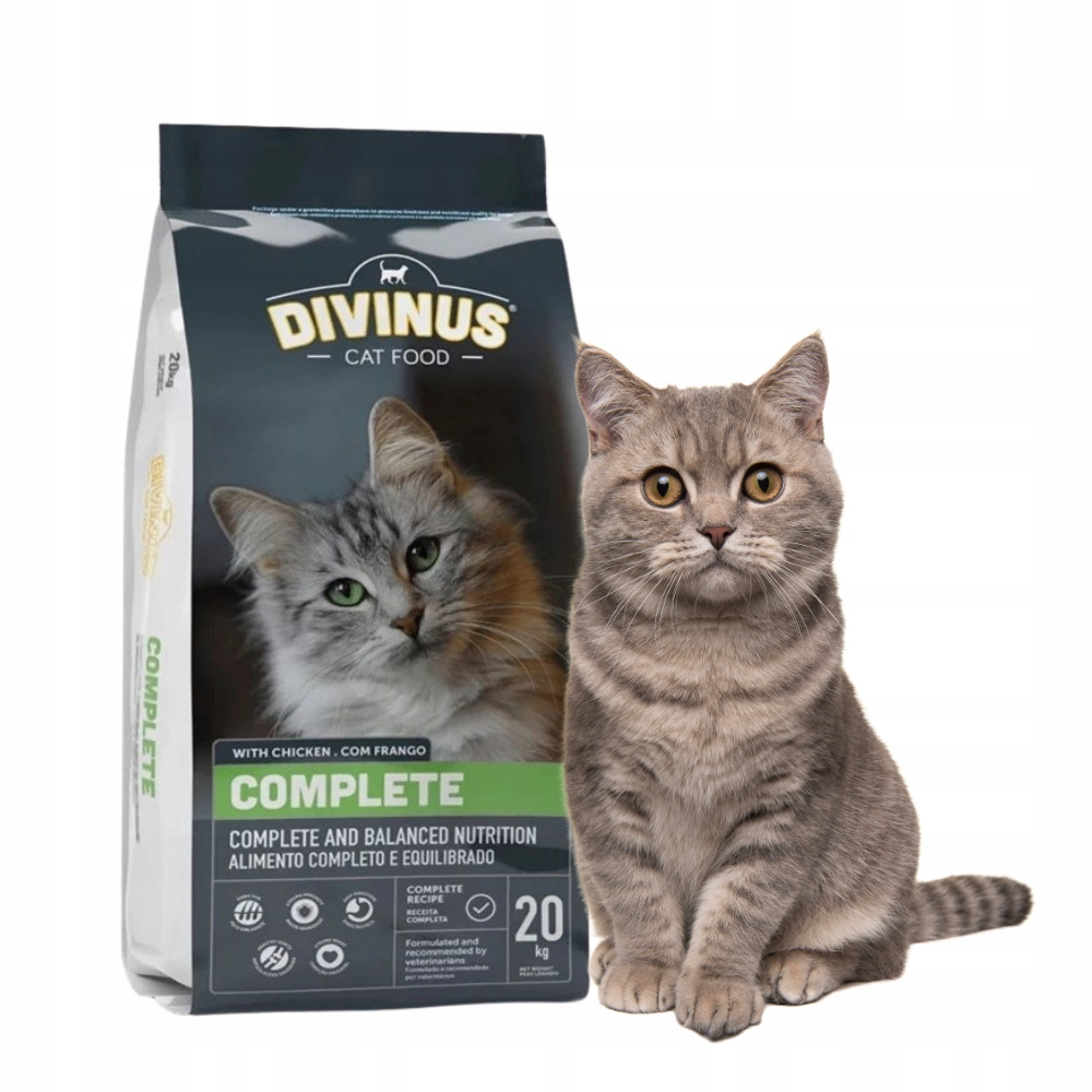 Torba karmy dla kotów Divinus stoi obok szarego kota pręgowanego.