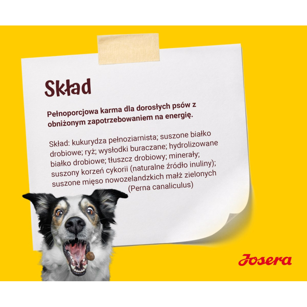 Lista de ingredientes de comida para perros sobre fondo amarillo, con cabeza de perro.