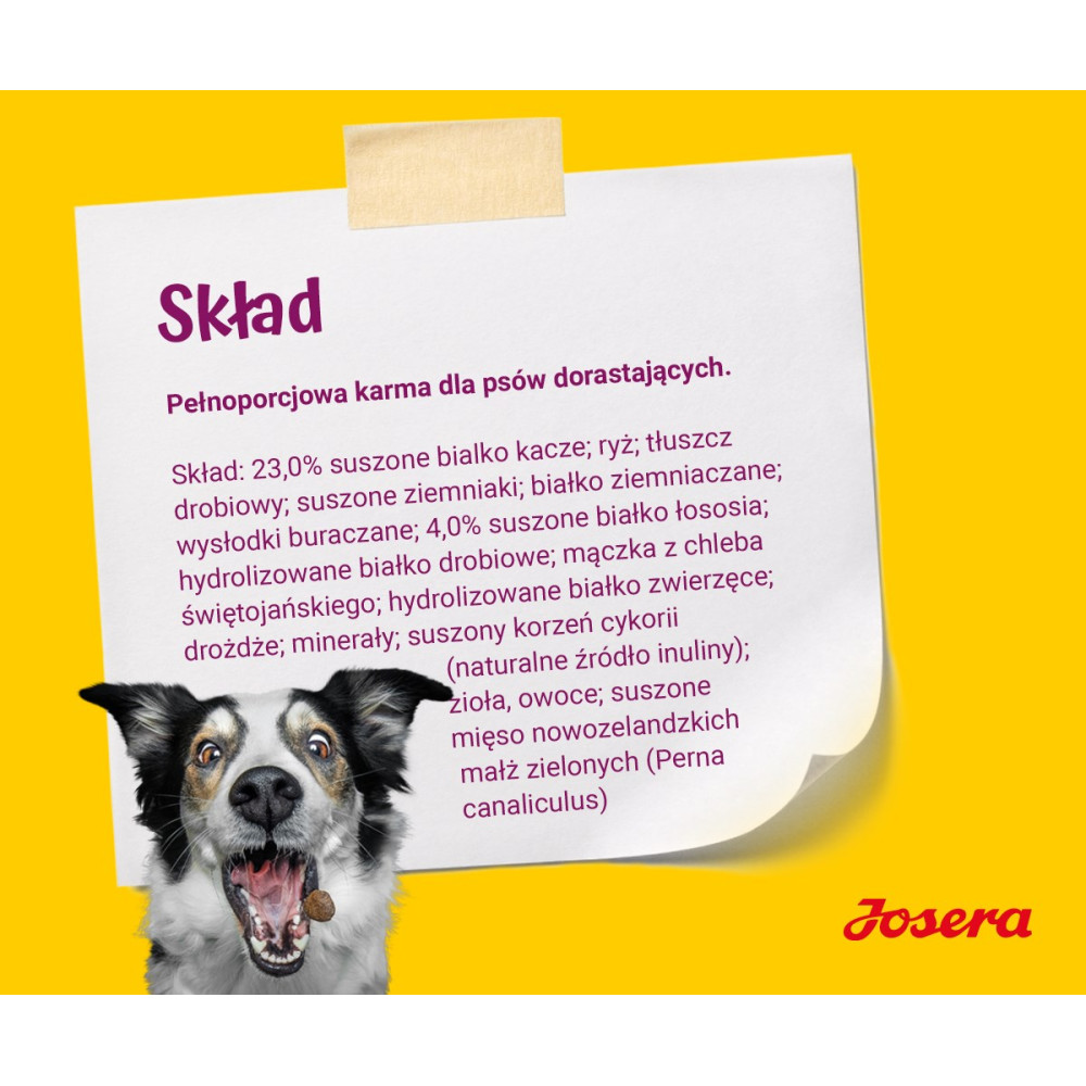 Pies z otwartym pyskiem przed kartką z listą składników karmy dla psów Josera.