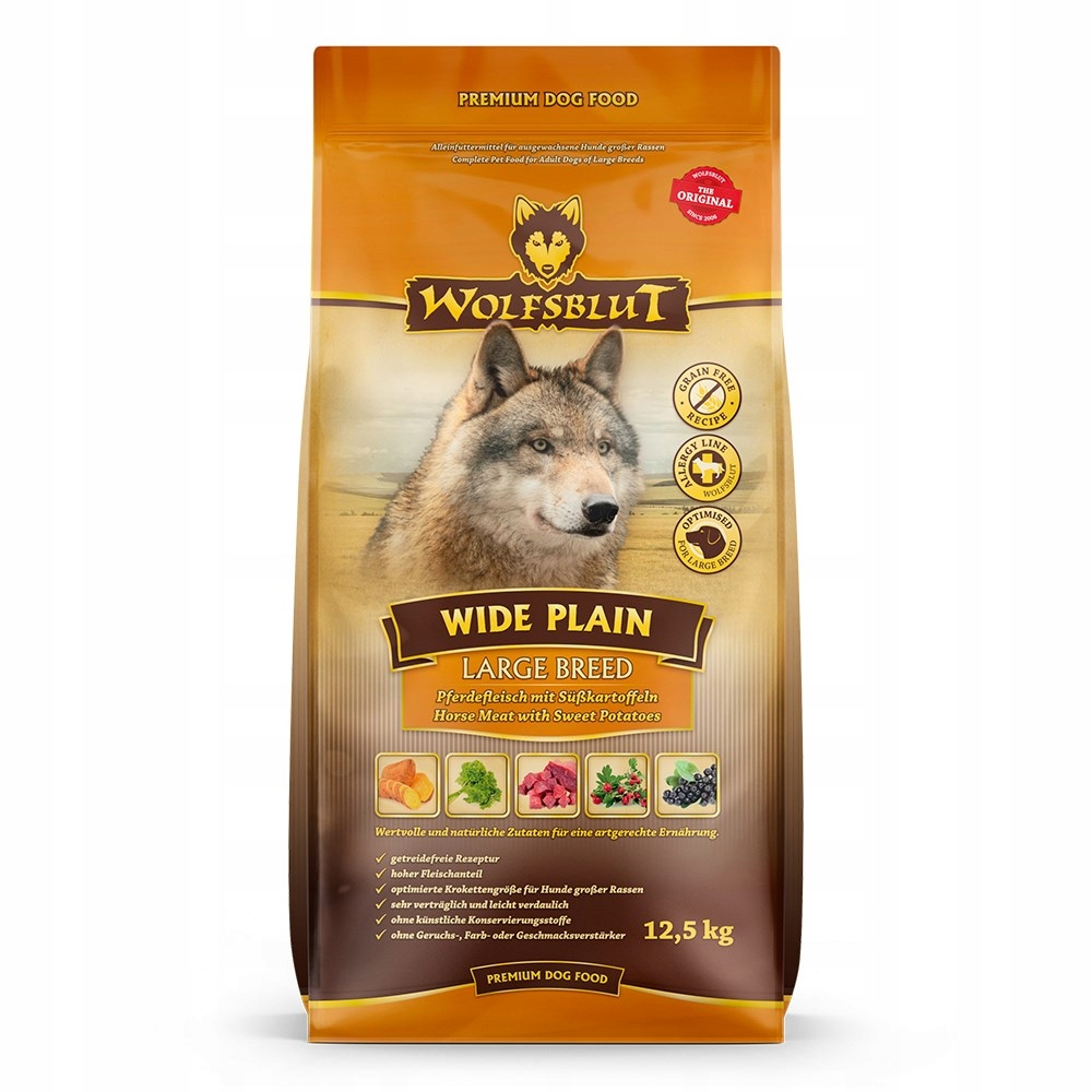 Comida para perros Wolfsblut: Premium Wide Plain, raza grande, carne de caballo con boniato.
