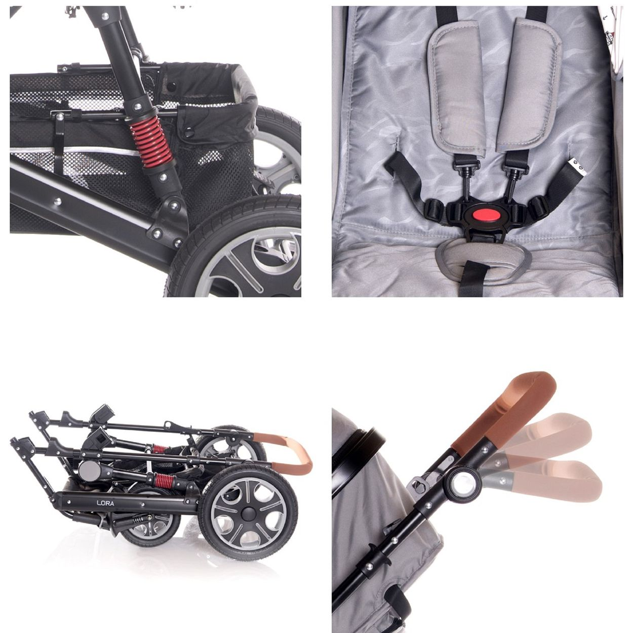 Ein Kinderwagen-Detail mit Rädern, Federung, Gurten und Griff.