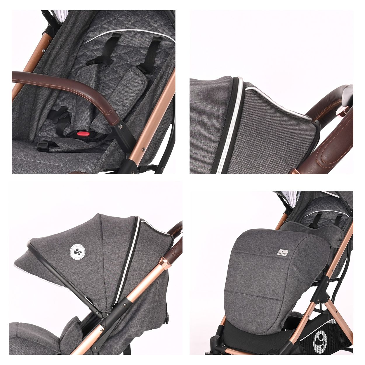 Collage eines grauen Kinderwagens: Sitz, Verdeck und Fußsackdetails.