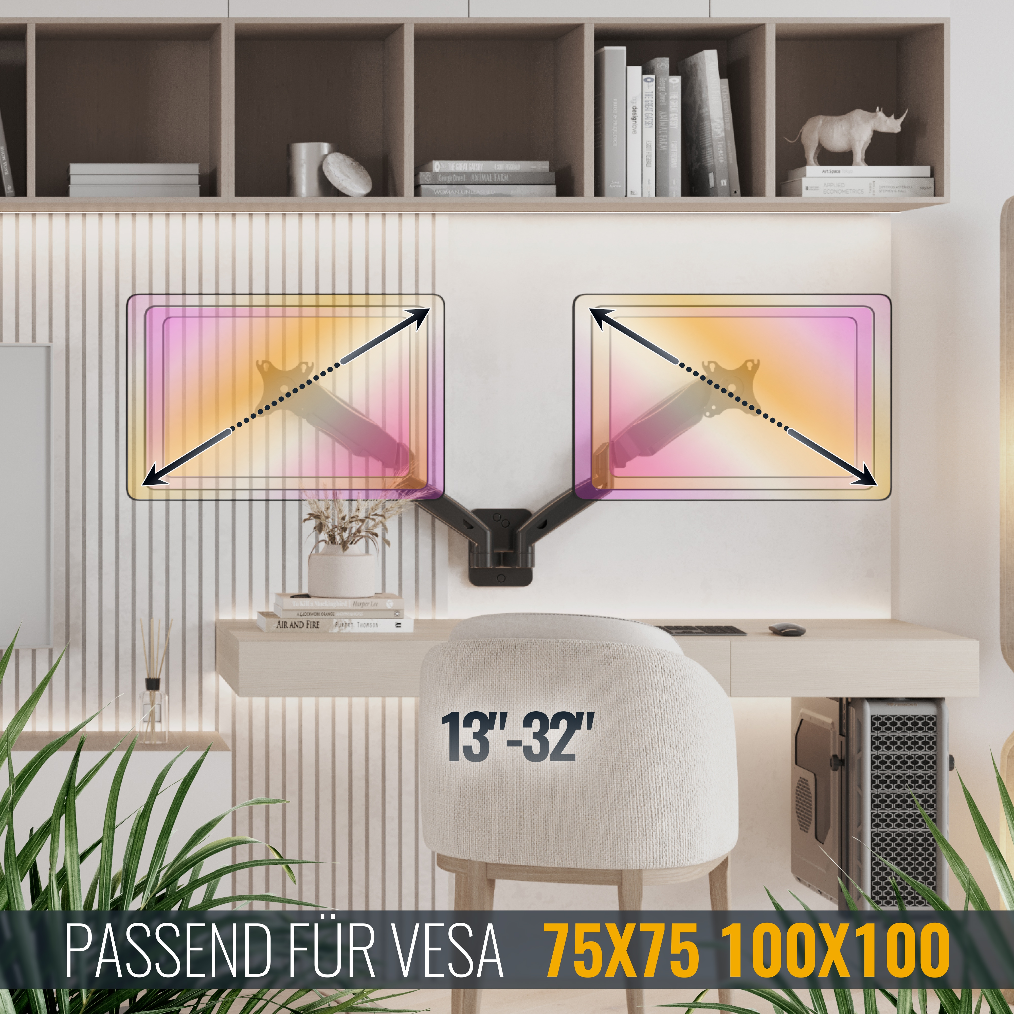 Schreibtisch mit zwei Monitoren, Stuhl und Text '13"-32"'.