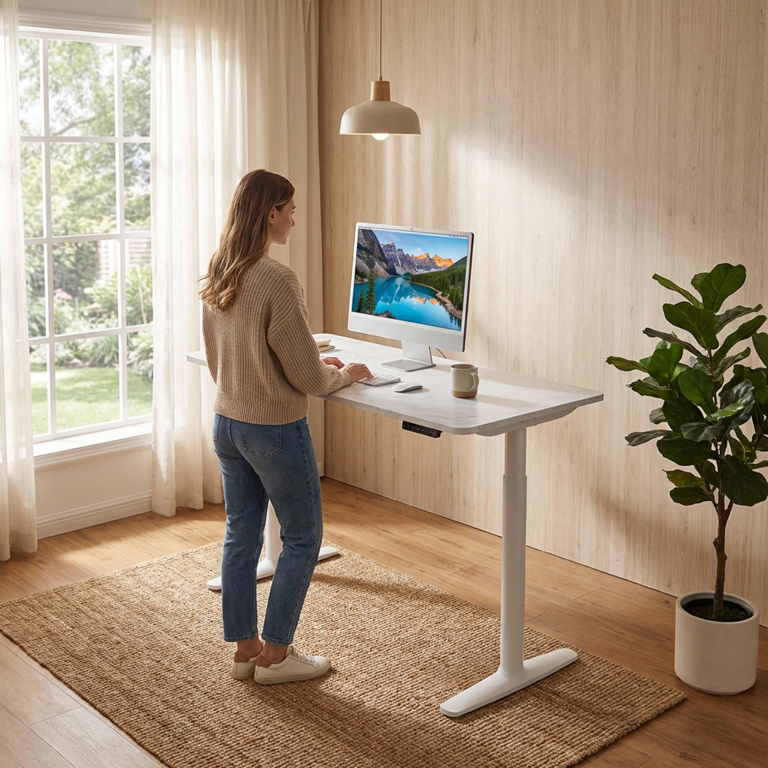 Frau am Stehschreibtisch mit Computer, Fenster und Pflanze im Hintergrund.