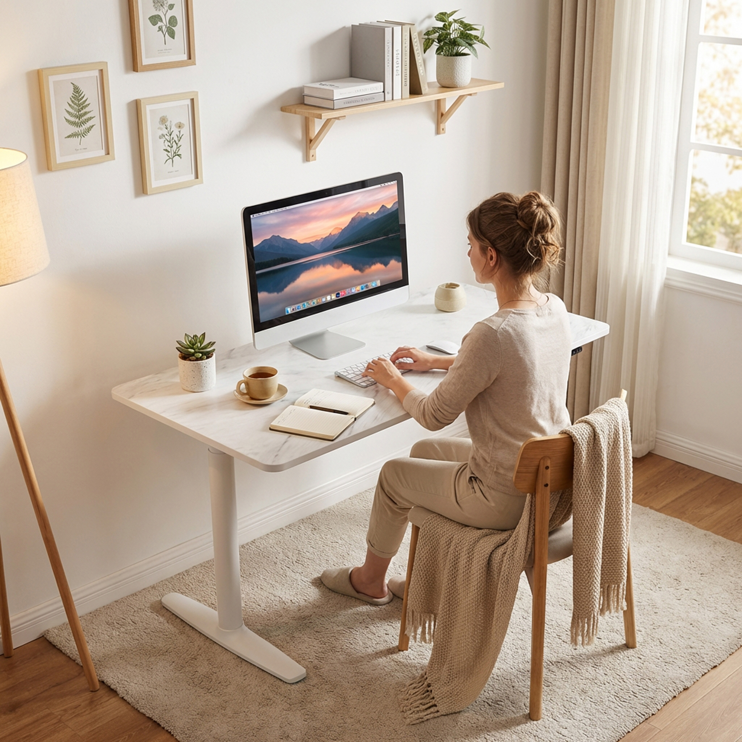 Eine Frau sitzt an einem Schreibtisch und arbeitet am Computer. Bilder hängen an der Wand.
