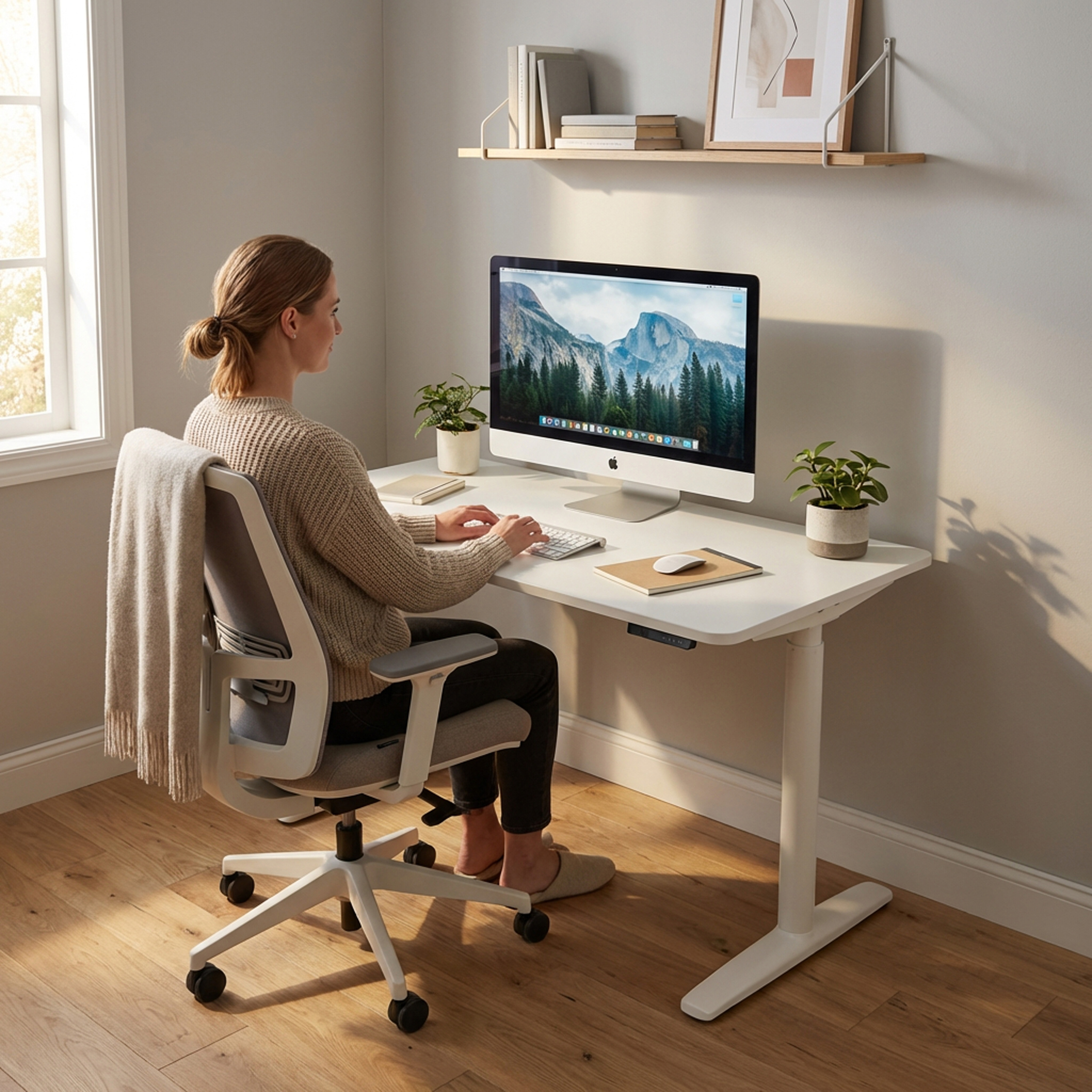 Eine Frau sitzt an einem Schreibtisch und arbeitet an einem Computer. Ein Fenster beleuchtet den Raum.