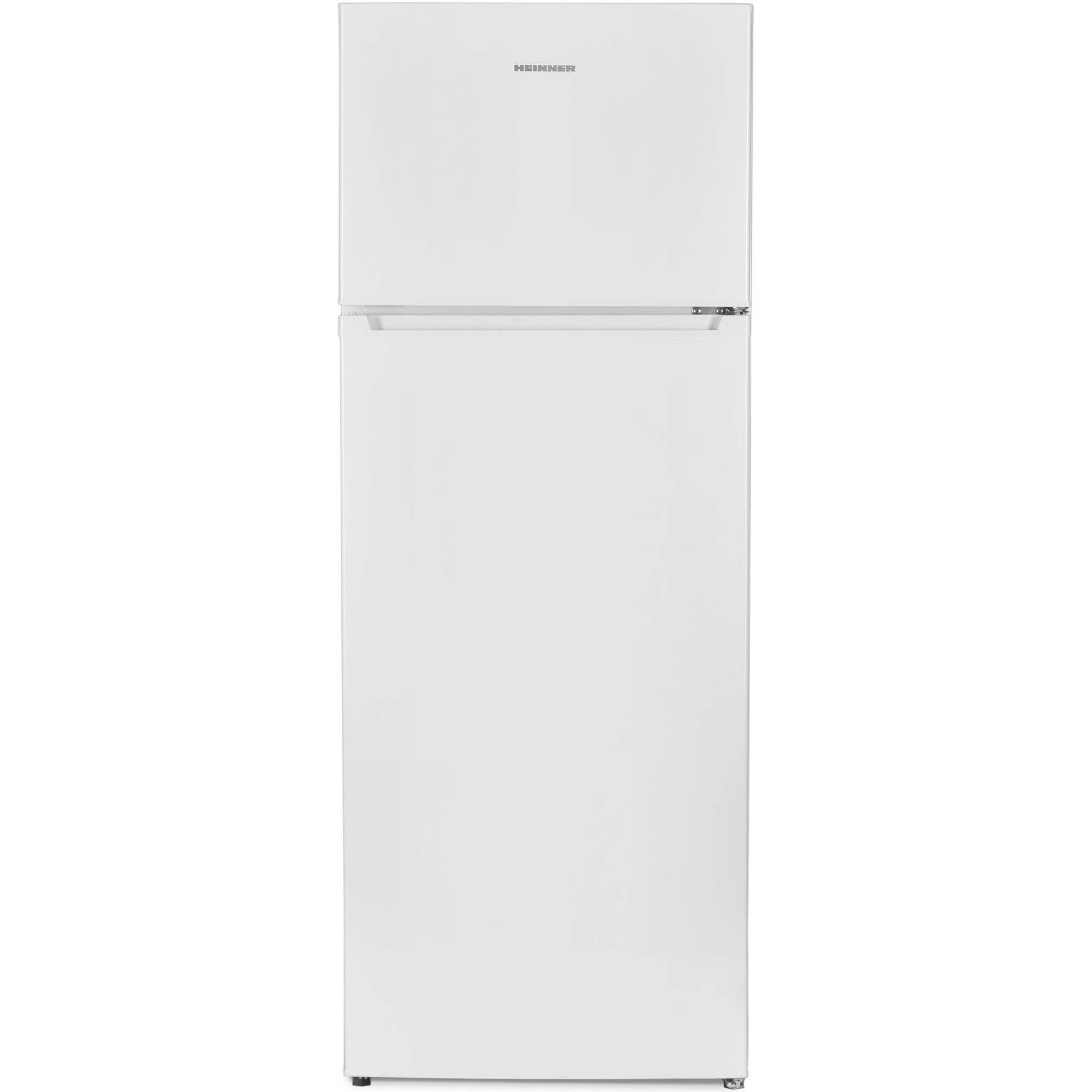 Un réfrigérateur blanc avec congélateur en haut, logo HEINNER.