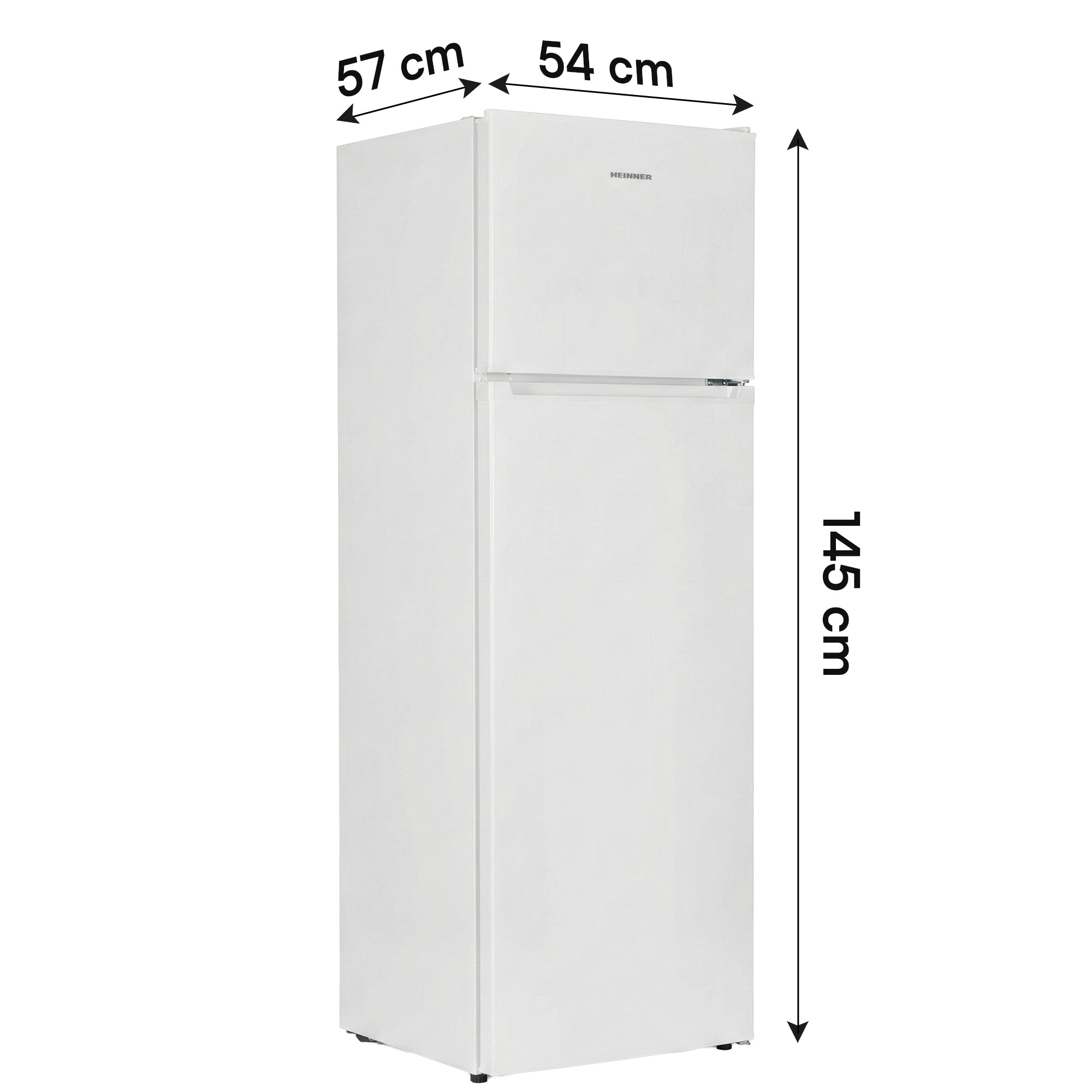 Un réfrigérateur blanc avec compartiment congélateur. Dimensions : H 145 cm, L 57 cm, P 54 cm.
