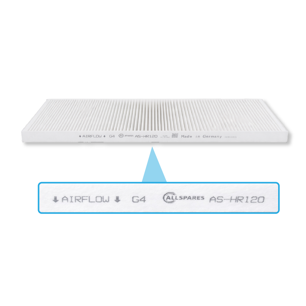 Ein weißer Luftfilter mit der Aufschrift AIRFLOW G4 AS-HR120.