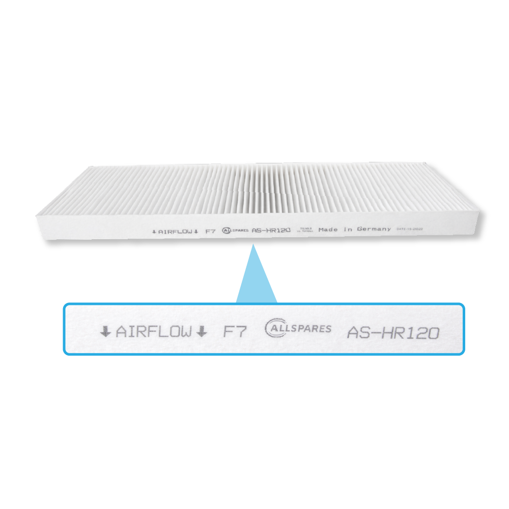 Ein weißer Luftfilter mit der Aufschrift 'AIRFLOW F7 ALLSPARES AS-HR120'.