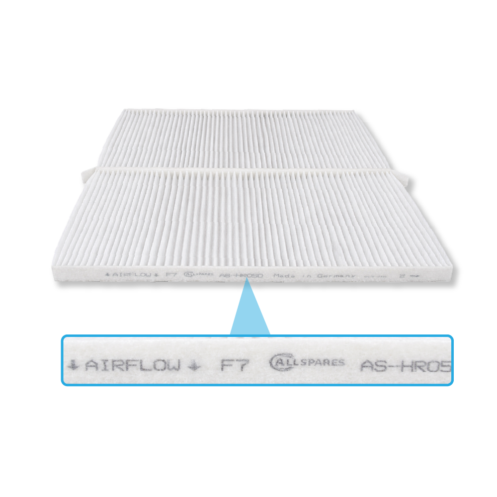 Zwei weiße Luftfilter mit Falten. Aufschrift: AIRFLOW, F7, ALLSPARES, AS-HROS, Made in Germany.