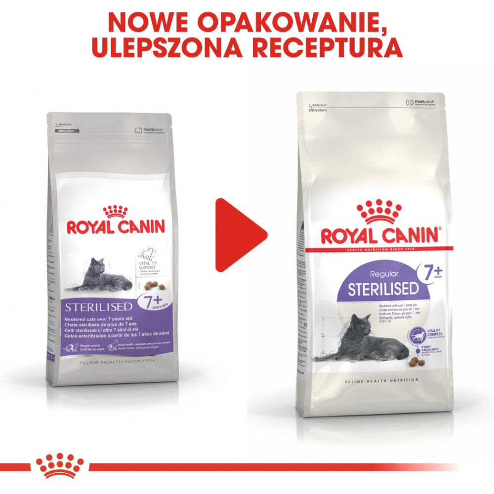 Dwa opakowania karmy dla kotów Royal Canin, stara i nowa wersja, z czerwonym przyciskiem play.