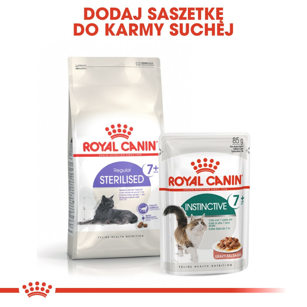 Dwa opakowania karmy dla kotów Royal Canin: worek suchej karmy i saszetka mokrej.