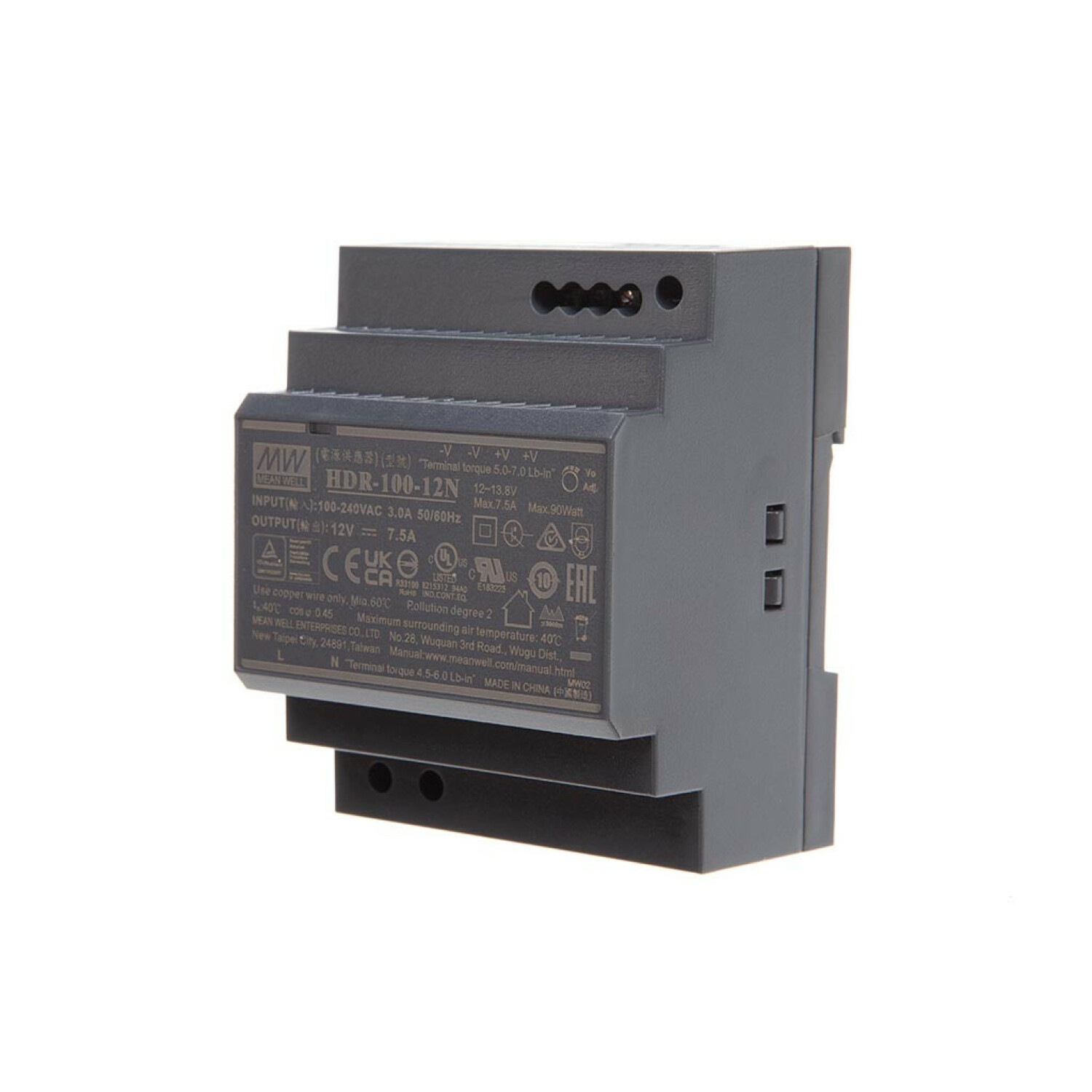 Graues Netzteil mit Label: HDR-100-12N, 100-240VAC Input, 12V Output.
