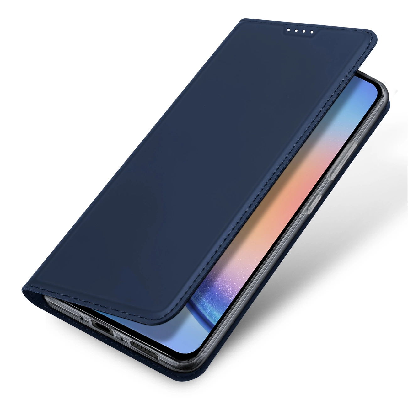 Dunkelblauer Handy-Flipcase, teilweise geöffnet, zeigt Bildschirm.