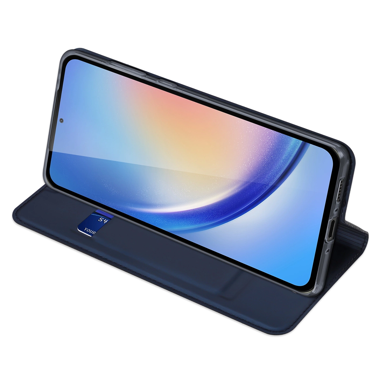 Dunkelblaues Handy-Flipcase mit Karte, auf weißem Hintergrund.