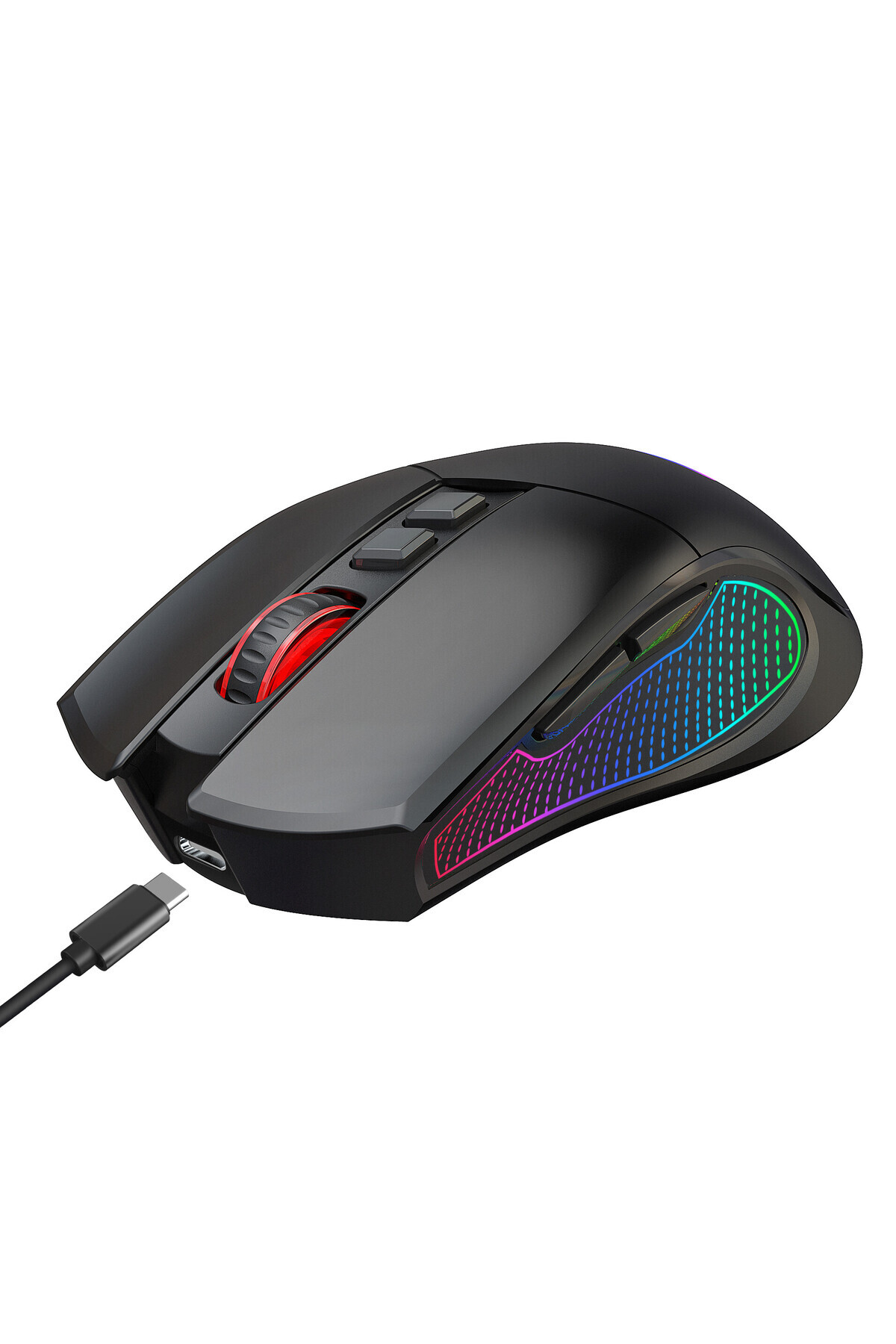 USB-C kablolu, renkli RGB aydınlatmalı siyah oyuncu faresi.