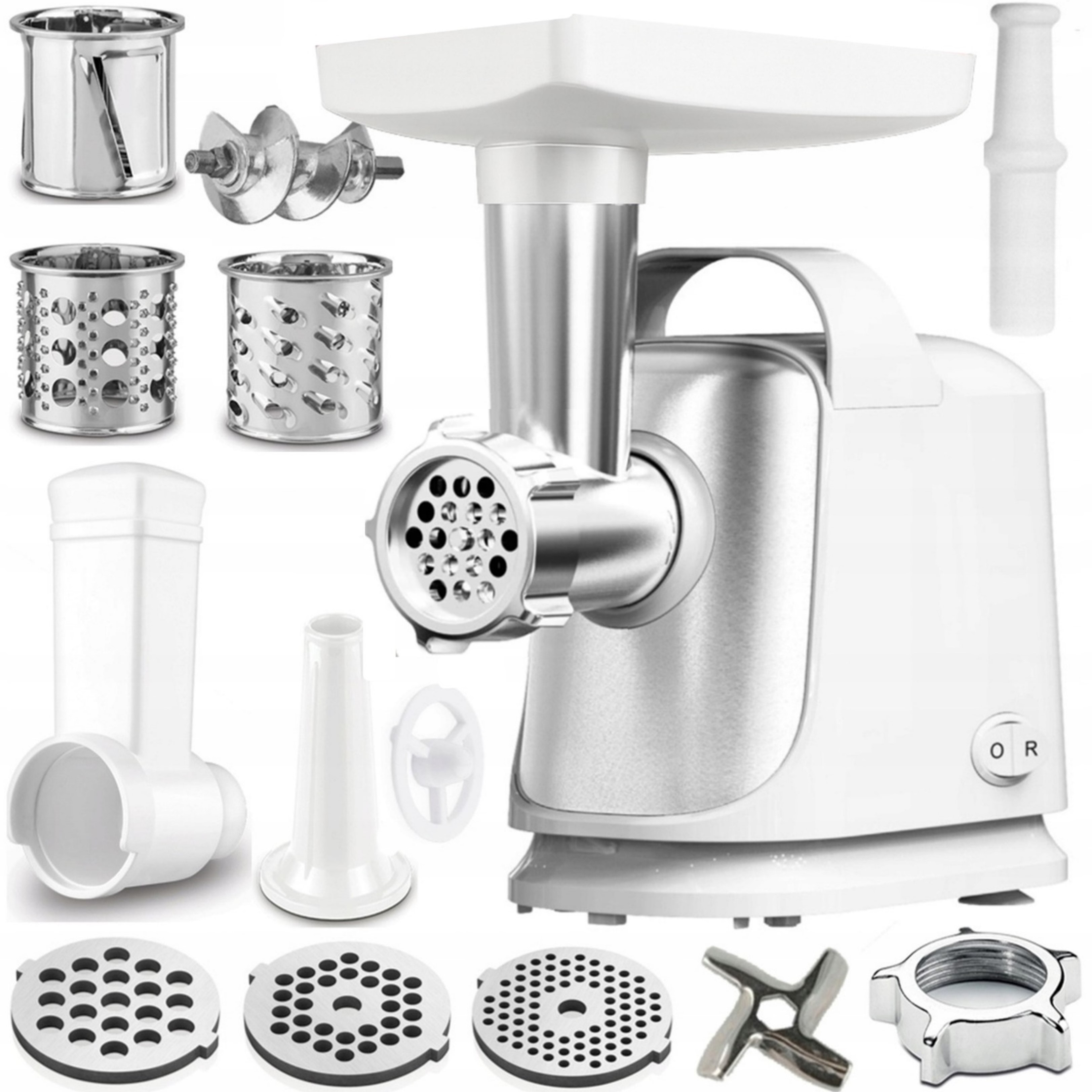 Maszynka do mięsa z akcesoriami: obudowa, ślimak, sitka, popychacz, lejek.