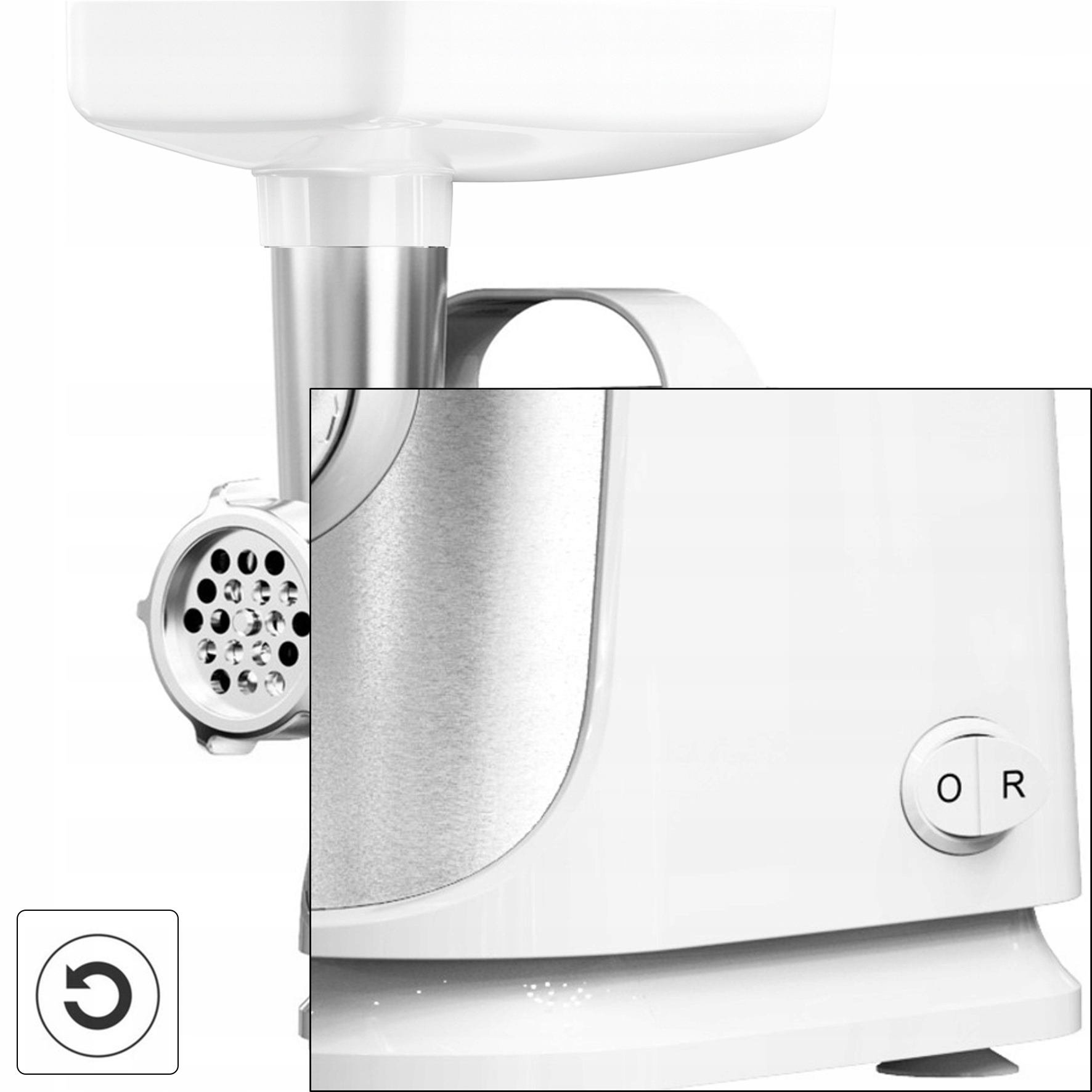 Biała maszynka do mielenia mięsa z elementami metalowymi i plastikowymi. Widoczny przełącznik.