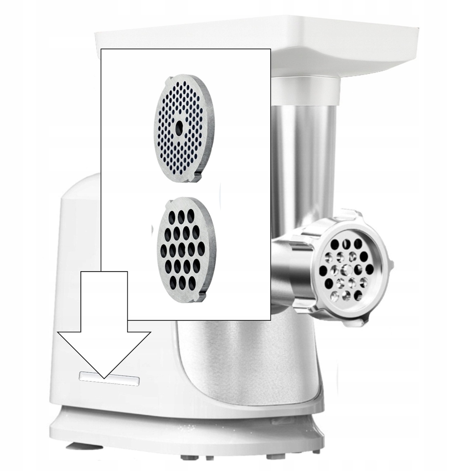 Maszynka do mielenia mięsa z dwiema tarczami, jedną drobną i jedną grubą.