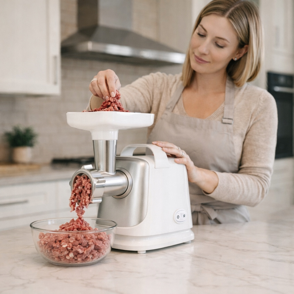 Kobieta wkłada mięso do maszynki do mielenia mięsa, która mieli je do miski.