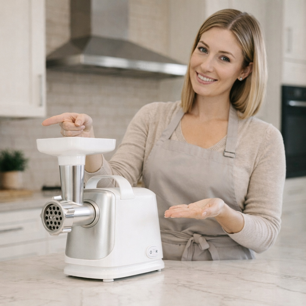 Kobieta w fartuchu wskazuje na białą maszynkę do mielenia mięsa.