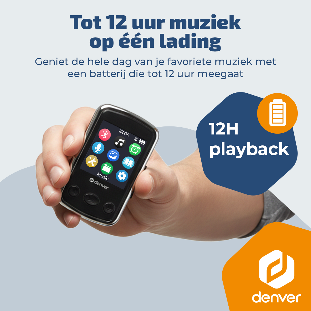 A hand holds a black music player showing 12H playback.