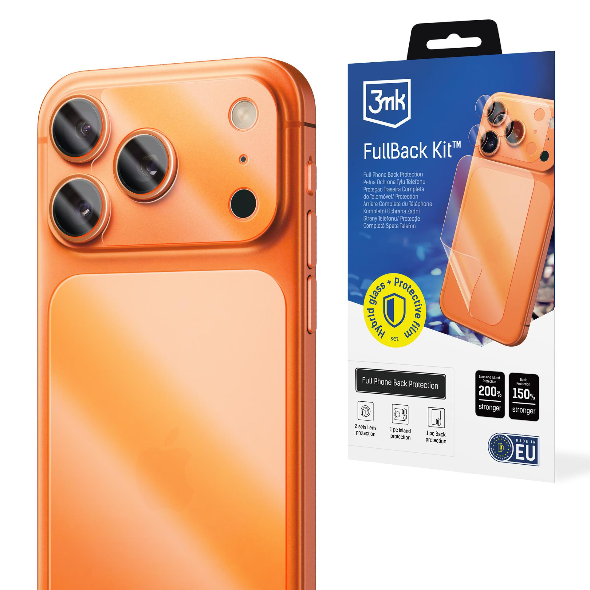 Pomarańczowy smartfon z trzema obiektywami i opakowaniem na szkło ochronne.