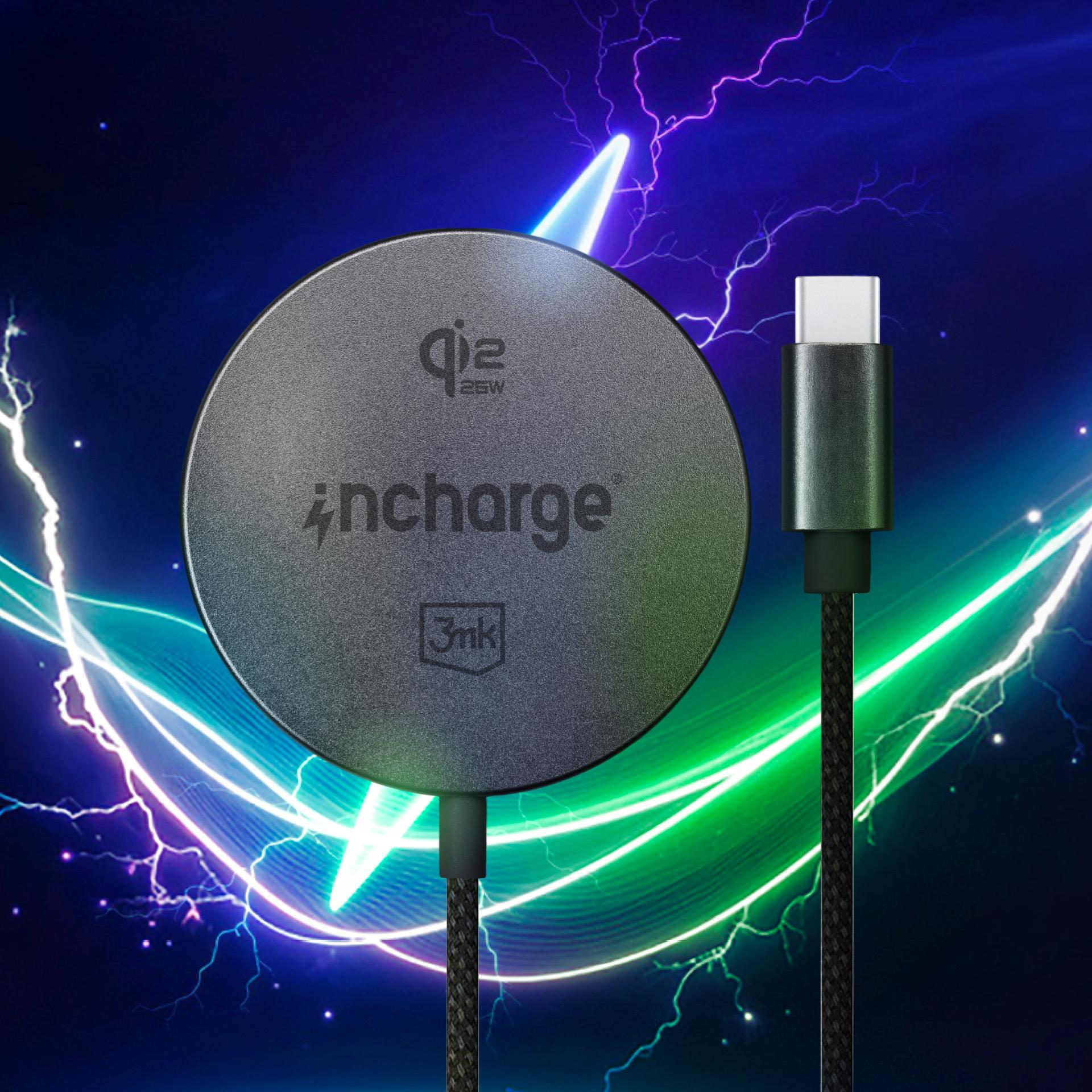 Szara ładowarka Qi z kablem USB-C na tle niebiesko-zielonych błyskawic.