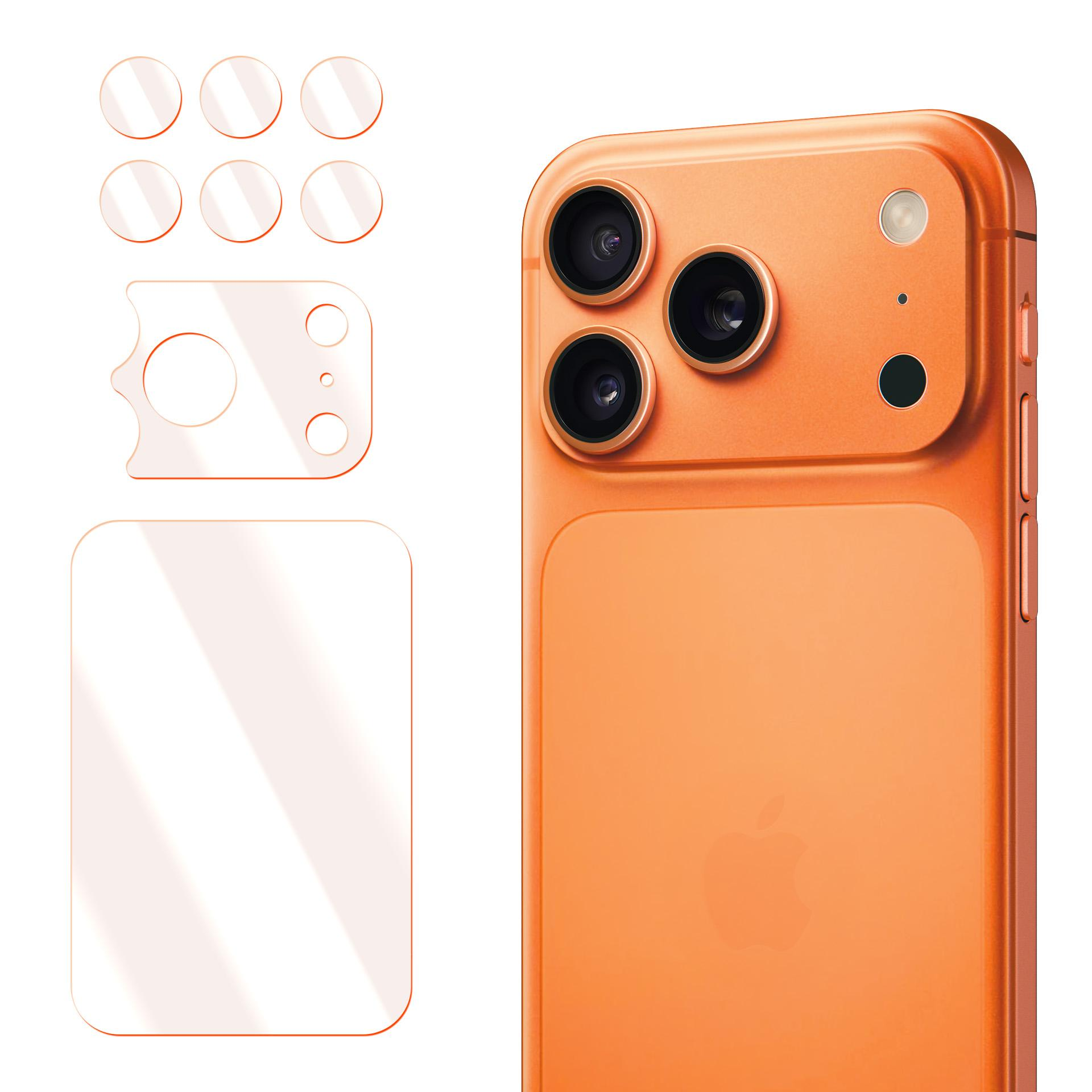 Pomarańczowy smartfon z trzema aparatami i akcesoriami na białym tle.