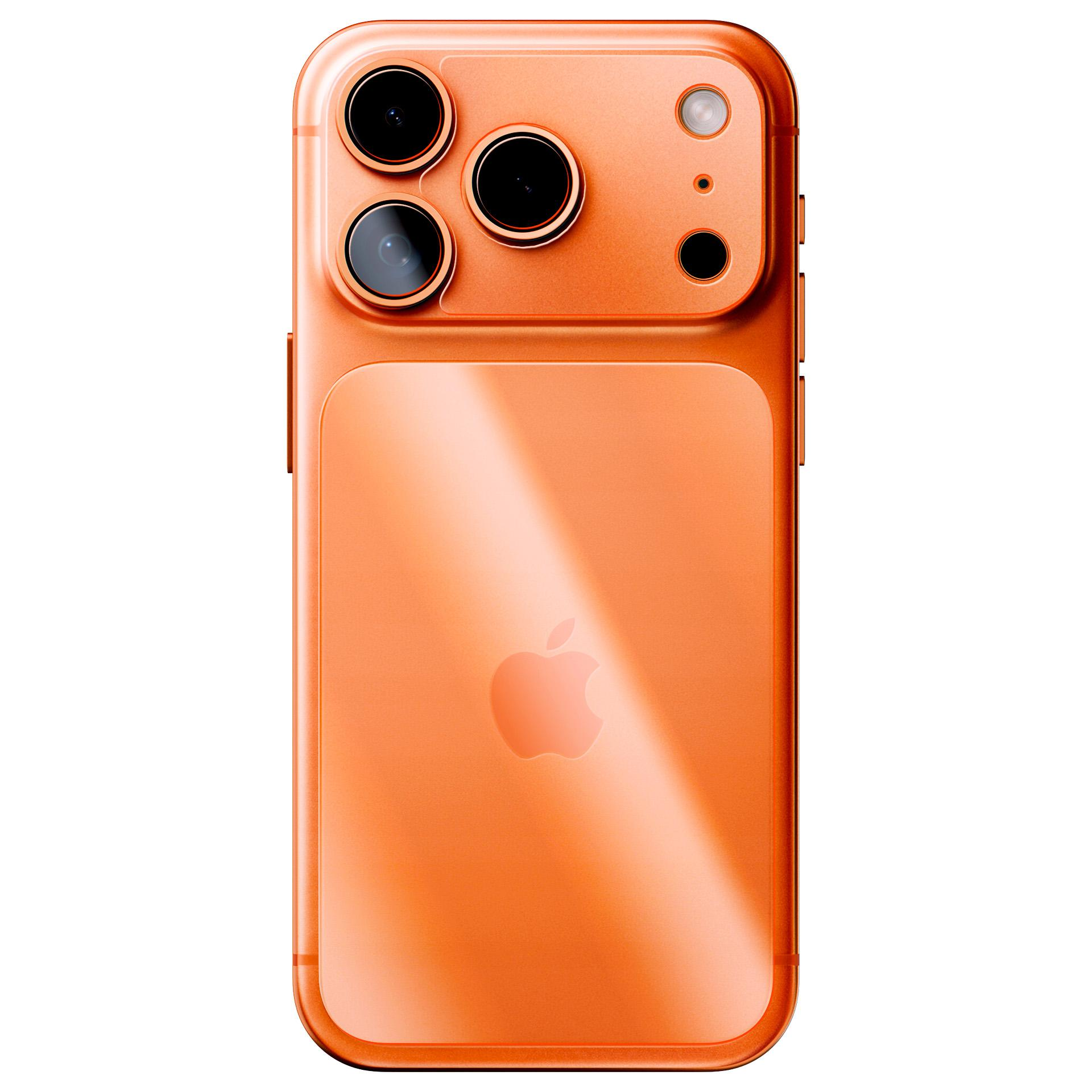 Jaskrawo pomarańczowy smartfon z trzema tylnymi kamerami, lampą błyskową i logo Apple, wyświetlany pionowo na białym tle.