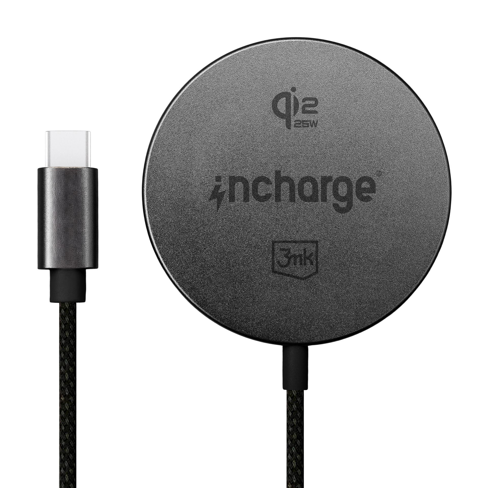 Czarna ładowarka Qi z kablem USB-C na białym tle.