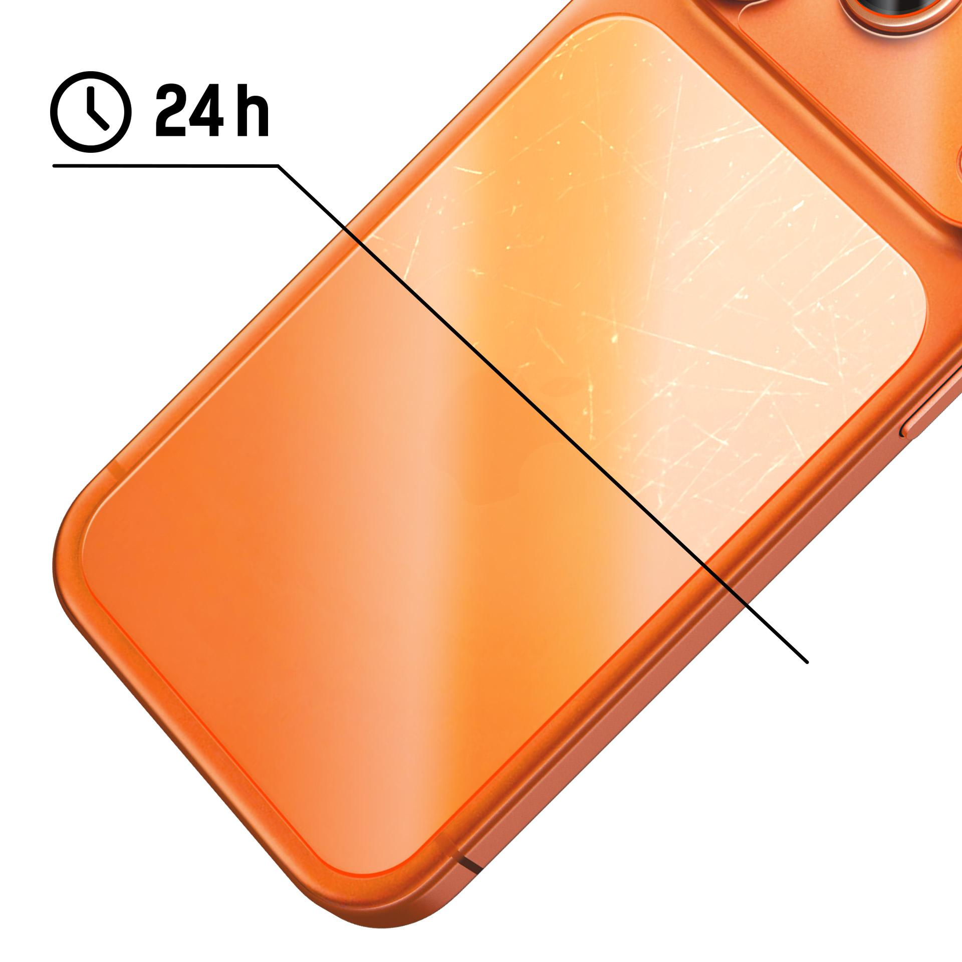 Pomarańczowy smartfon z porysowanym ekranem i ikoną 24h.