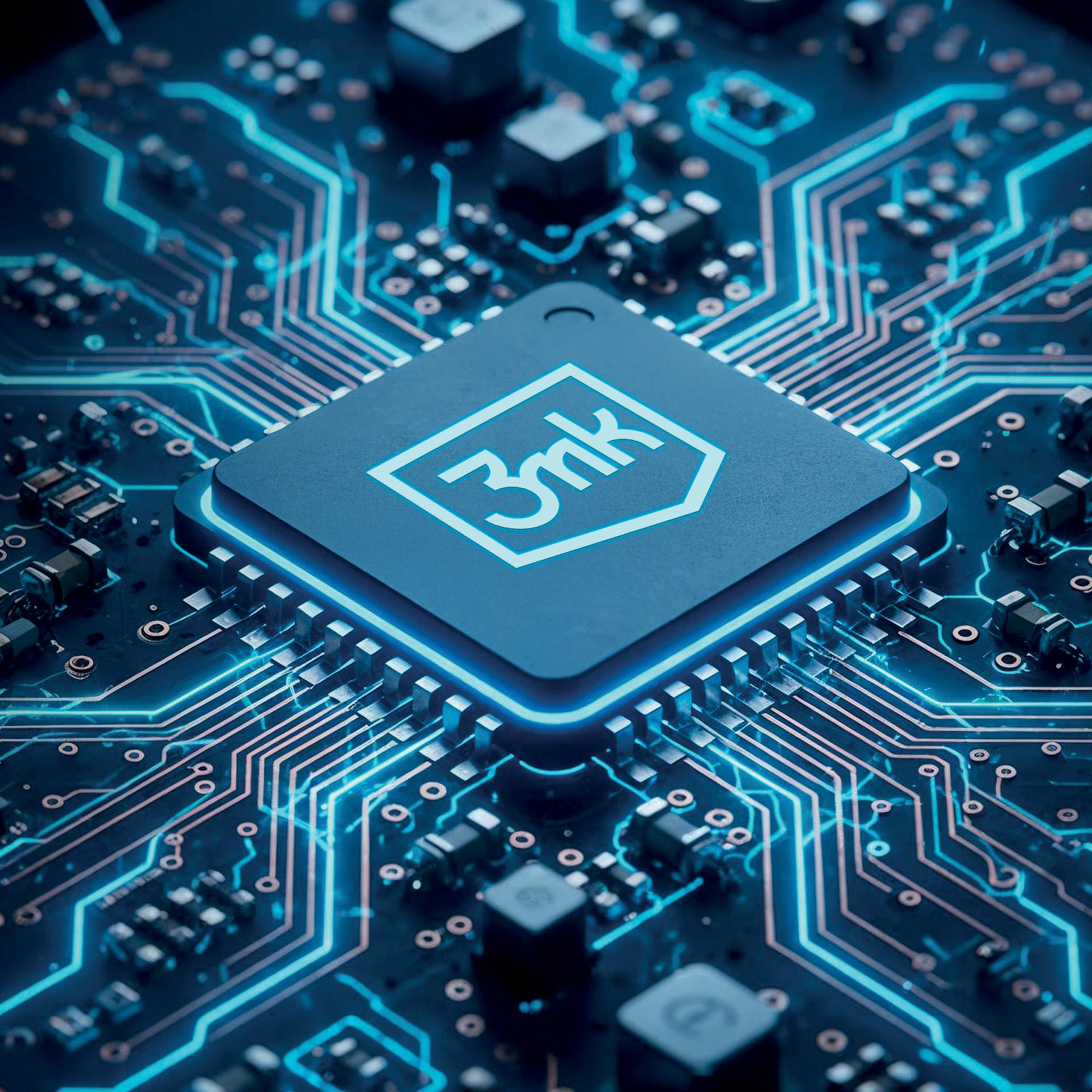 Niebieski chip komputerowy z logo 3mk na płytce drukowanej ze świecącymi niebieskimi śladami.